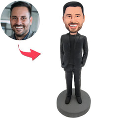 Kundenspezifischer Bobbleheads-cooler schwarzer Anzugs-Geschäftsmann addieren Text
