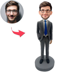 Kundenspezifischer Bobbleheads-kühler grauer Geschäftsmann addieren Text