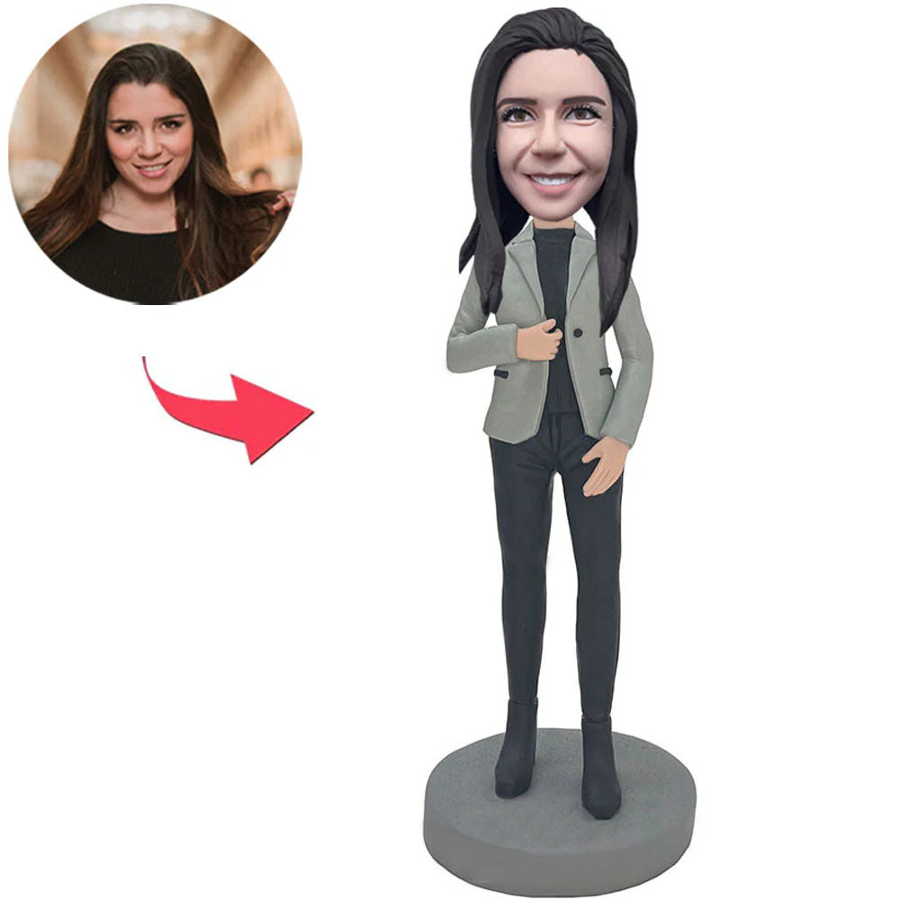 Coole Geschäftsfrau-kundenspezifische Bobbleheads addieren Text