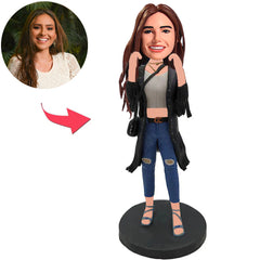 Mädchen mit Taschen-kundenspezifischen Bobbleheads addieren Text