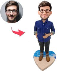 Blaues Hemd-lässiger Mann-kundenspezifische Bobbleheads addieren Text