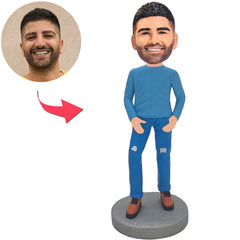 Blauer Anzugs-moderne coole Mann-kundenspezifische Bobbleheads addieren Text