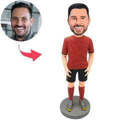 Kundenspezifischer Bobbleheads-Mann in der roten T-Shirt Sportkleidung addieren Text
