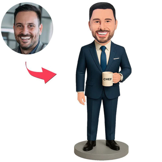 Chef in dunkelblauem Anzug mit Tasse Benutzerdefinierte Bobbleheads