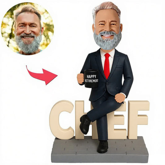 Fröhlicher Ruhestand Chef sitzend auf BOSS Benutzerdefinierte Bobbleheads