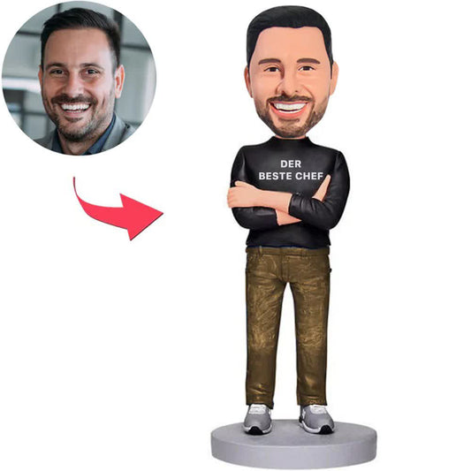 Kundenspezifischer Bobbleheads Schwarzer Kapuzenpullover Der beste Chef der Welt addieren Text