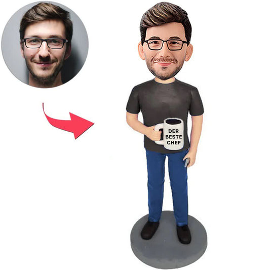 Kundenspezifischer Bobbleheads Holding Cup Bester Chef aller Zeiten addieren Text