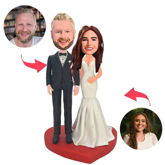 Herz-Form-Hochzeits-Paar-kundenspezifische Bobbleheads mit graviertem Text