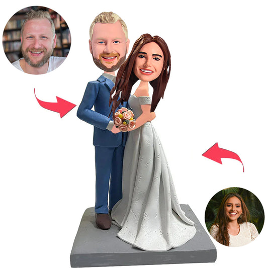 Blumen halten Hochzeitspaar Benutzerdefinierte Wackelkopf Bobbleheads mit graviertem Text