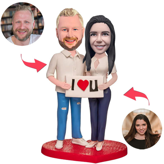 Das Paar mit dem I LOVE U-Zeichen Benutzerdefinierte Bobbleheads fügen Text hinzu