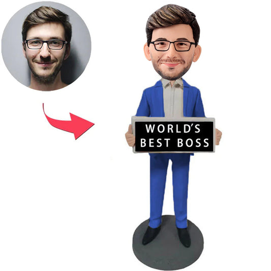 Kundenspezifischer Bobbleheads Der beste Boss der Welt im blauen Anzug addieren Text