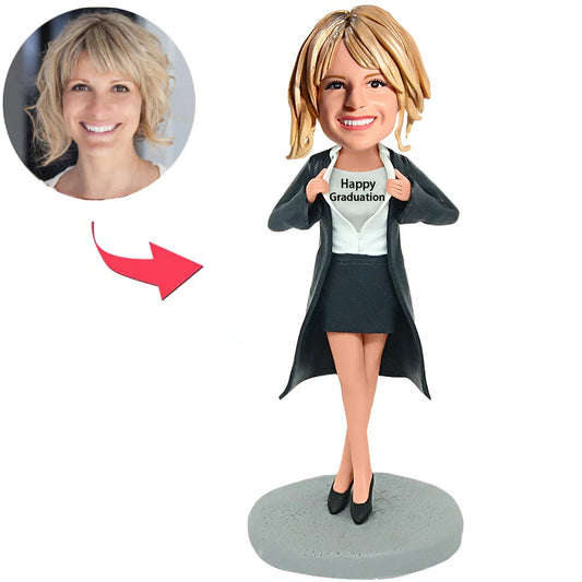 Glücklich Graduierung Mode Frau In Trenchcoat Benutzerdefinierter Bobbleheads