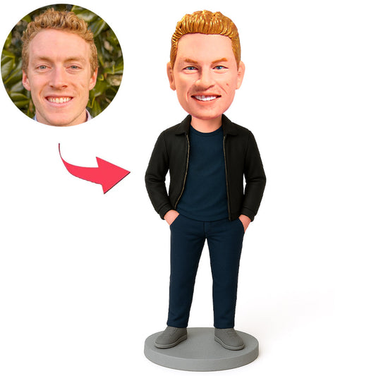 Lässiger Mann in schwarzer Jacke Benutzerdefinierte Bobbleheads