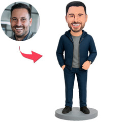 Mann in dunkelblauem Reißverschluss Sweatshirt Benutzerdefinierte Bobbleheads
