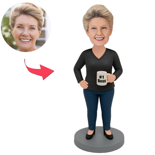 #1 weibliche Chef in schwarzem Hemd Benutzerdefinierte Bobbleheads