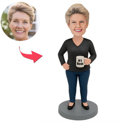 #1 weibliche Chef in schwarzem Hemd Benutzerdefinierte Bobbleheads