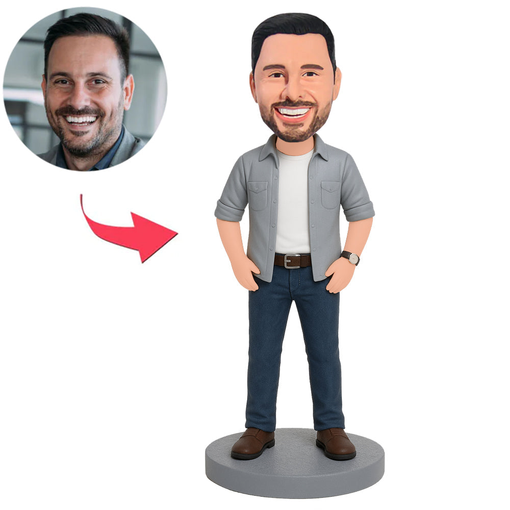 Mann in grauer Jacke und blauer Hose Benutzerdefinierte Bobbleheads