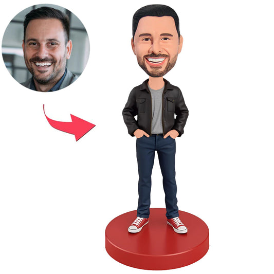 Mann in schwarzer Jacke und blauer Hose Benutzerdefinierte Bobbleheads
