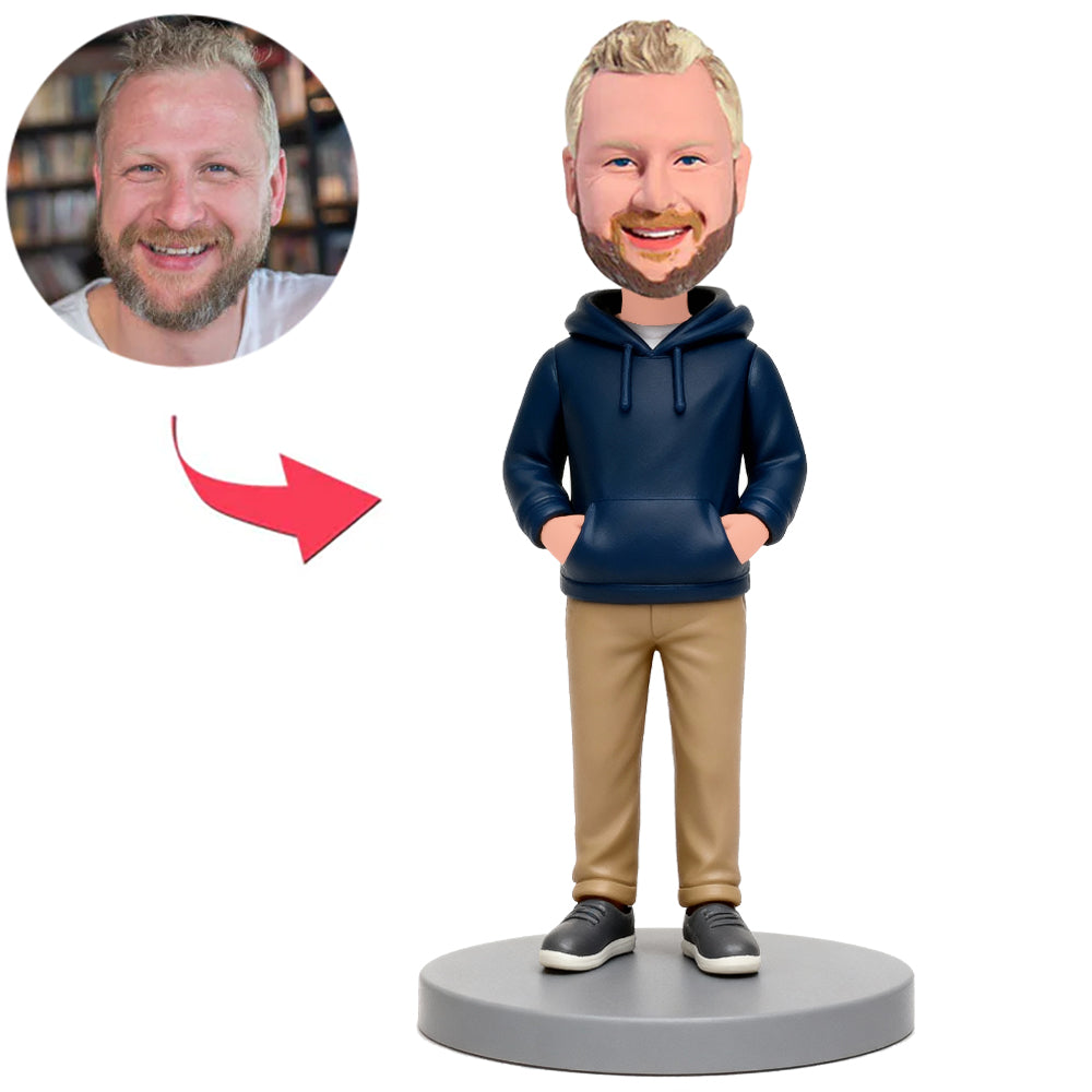 Mann, Der Blauen Kapuzenpullover Trägt Benutzerdefinierte Bobbleheads
