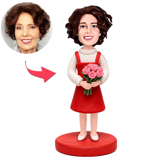 Mädchen hält rosa Blumen Benutzerdefinierte Bobbleheads