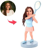 Glückliche Tennisspielerin Kundenspezifische Bobbleheads addieren Text