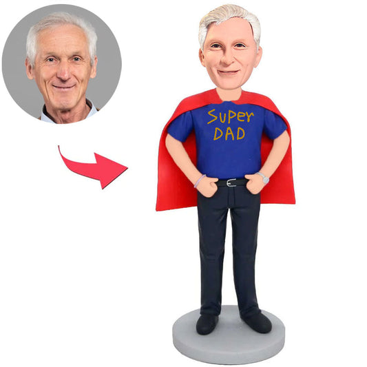 Super Dad Blaues T-Shirt Kundenspezifische Bobbleheads addieren Text