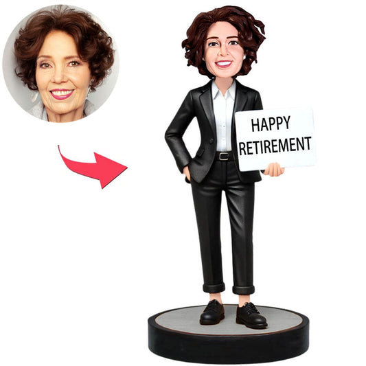 Glückliche Pensionierung Geschäftsfrau Kundenspezifische Bobbleheads mit graviertem Text
