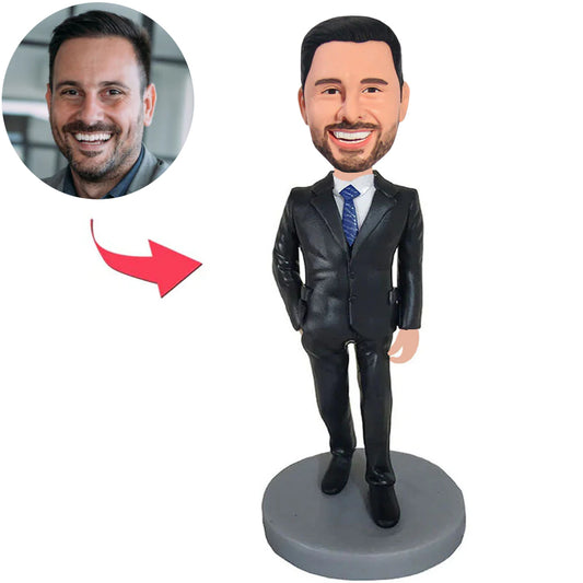 Geschäftsmann im schwarzen Anzug Benutzerdefinierte Bobbleheads mit eingraviertem Text