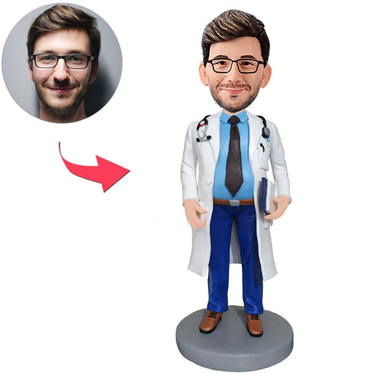 Männlicher Doktor im weißen Kittel und Stethoskop Kundenspezifische Bobbleheads mit graviertem Text
