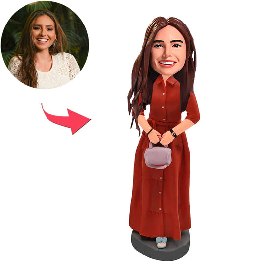 Frau im roten Kleid mit Tasche Kundenspezifische Bobbleheads mit eingraviertem Text