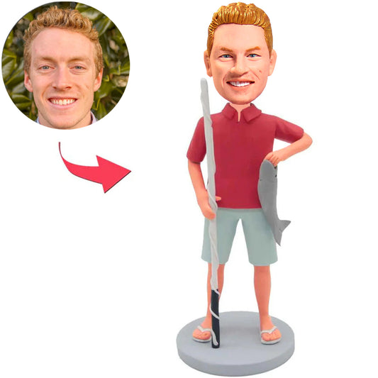 Zufälliger Mann, der kundenspezifische Bobbleheads fischt, addieren Text