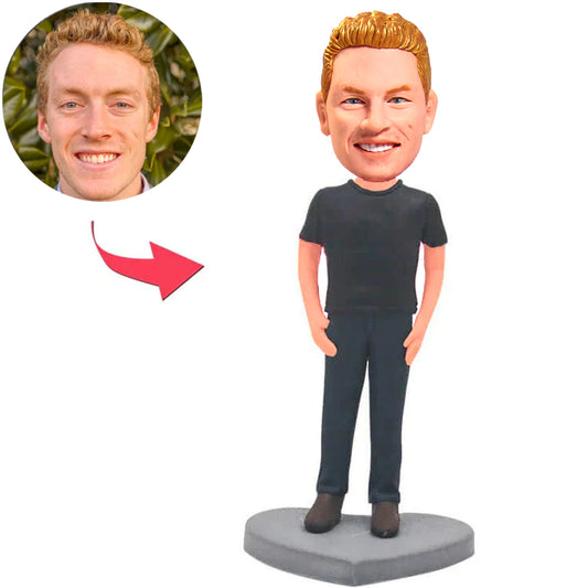 Schwarzer Anzug-lässiger Mann-kundenspezifische Bobbleheads addieren Text