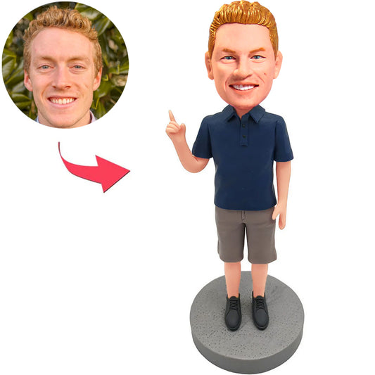 Kundenspezifischer Bobbleheads-Mann, der auf den Himmel zeigt, addieren Text