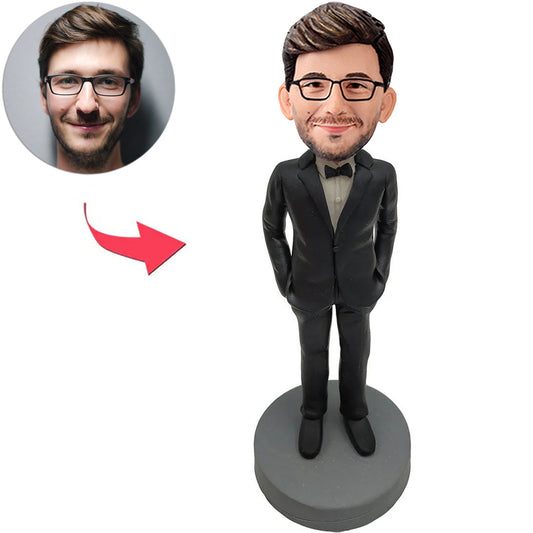 Kundenspezifischer cooler Mann Bobbleheads im schwarzen Anzug addieren Text