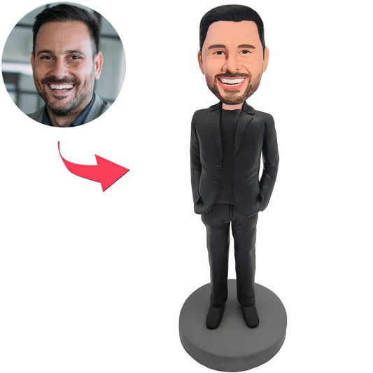 Kundenspezifischer Bobbleheads-cooler schwarzer Anzugs-Geschäftsmann addieren Text