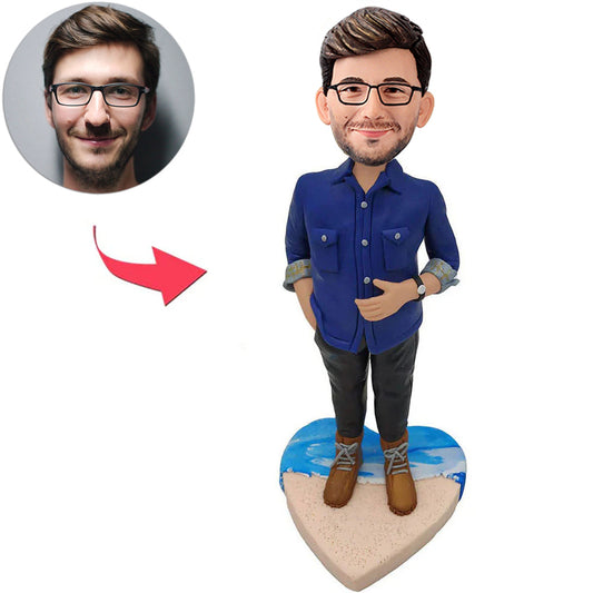 Blaues Hemd-lässiger Mann-kundenspezifische Bobbleheads addieren Text