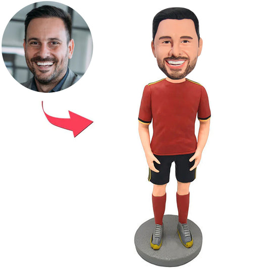 Kundenspezifischer Bobbleheads-Mann in der roten T-Shirt Sportkleidung addieren Text