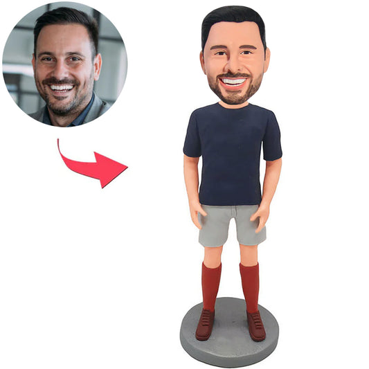 Kundenspezifischer glücklicher zufälliger Mann Bobbleheads mit Sportkleidung addieren Text