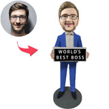 Kundenspezifischer Bobbleheads Der beste Boss der Welt im blauen Anzug addieren Text