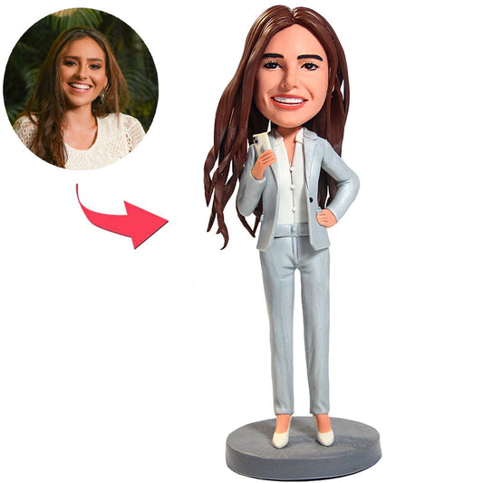 Geschäftsfrau auf dem iPhone kundenspezifische Bobbleheads mit eingraviertem Text