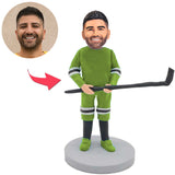 Hockeyspieler im grünen Anzug Kundenspezifische Bobbleheads addieren Text