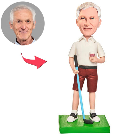 Halten eines Wasserglas-Golfers Kundenspezifische Bobbleheads addieren Text