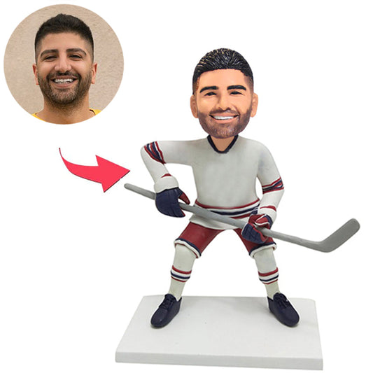 Hockeyspieler im weißen Anzug Kundenspezifische Bobbleheads addieren Text