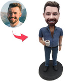 Kundenspezifischer Bobbleheads-Mann, der Kaffeetasse hält, addieren Text