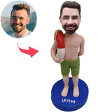 Mann, der Schwimmring-kundenspezifische Bobbleheads hält, addieren Text