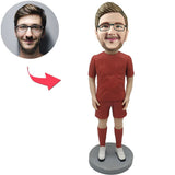 Kundenspezifischer Bobbleheads-Mann in der roten Sportkleidung addieren Text