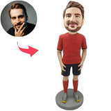 Kundenspezifischer Bobbleheads-Mann in der roten T-Shirt Sportkleidung addieren Text